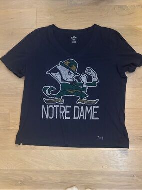Under Armour Navy V-Neck Notre Dame Tee with Green & Gold Accent